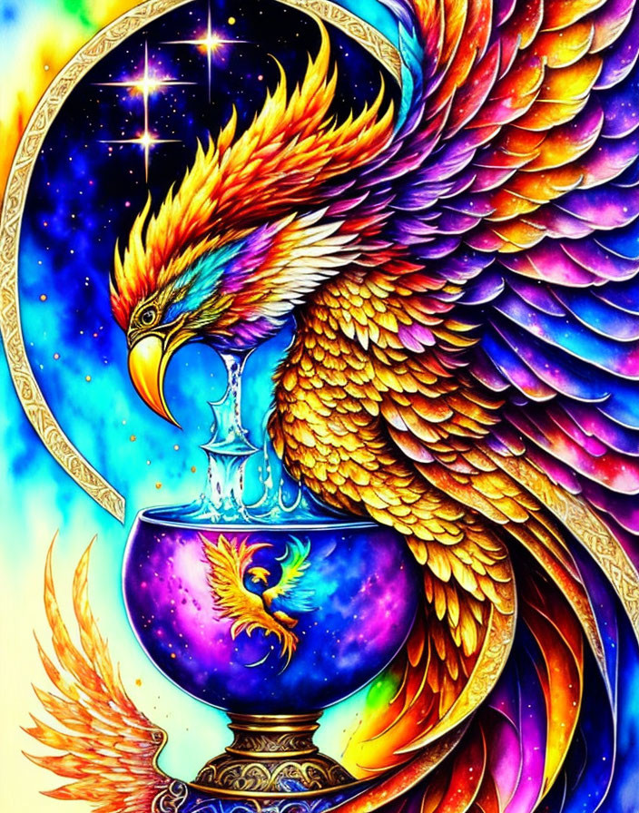 Colorful mythical phoenix illustration with fiery wings in circular border mirrored in hourglass