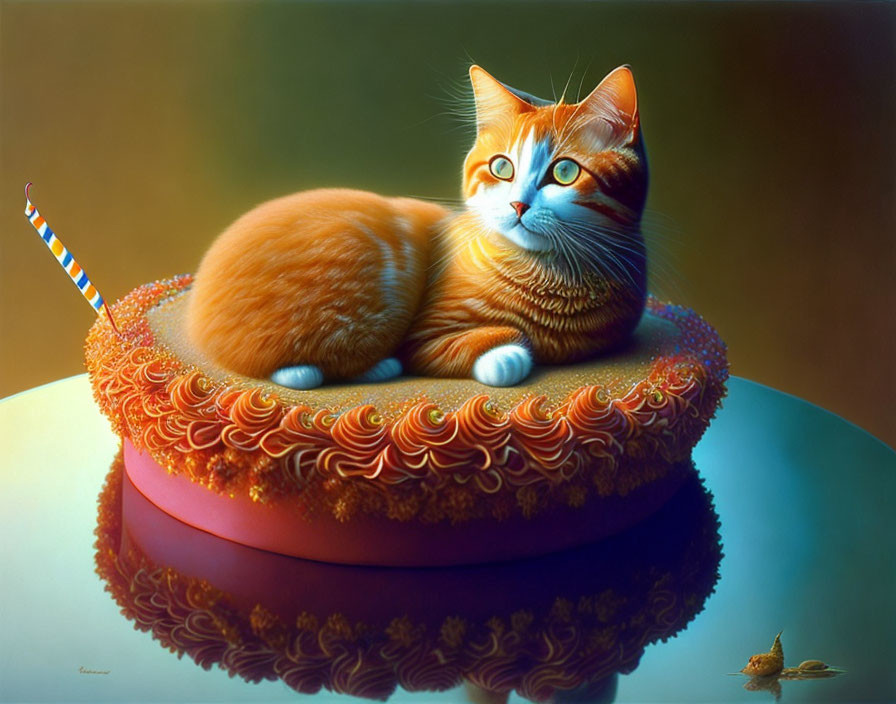 Orange-and-White Cat with Blue Eyes on Frosted Cake Cushion with Bird