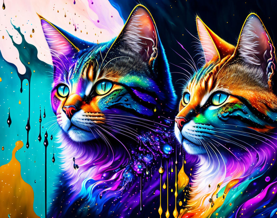 Colorful Psychedelic Cats Artwork on Cosmic Background