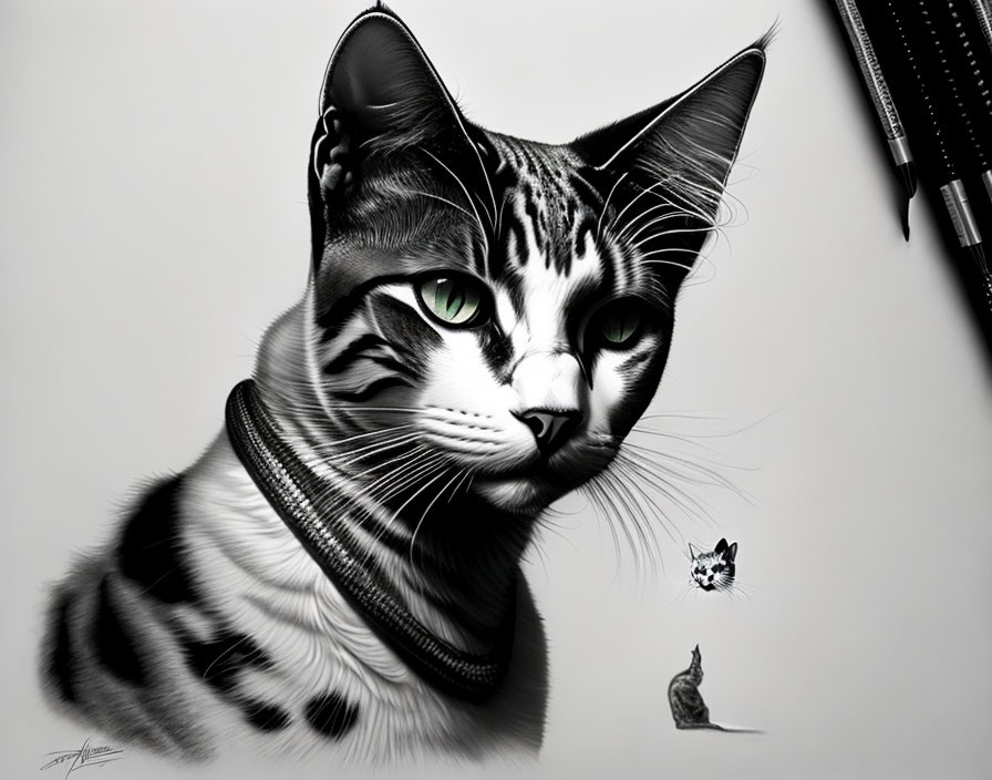 Hyper-realistic drawing: Striped cat with green eyes, collar, pen, and mouse.