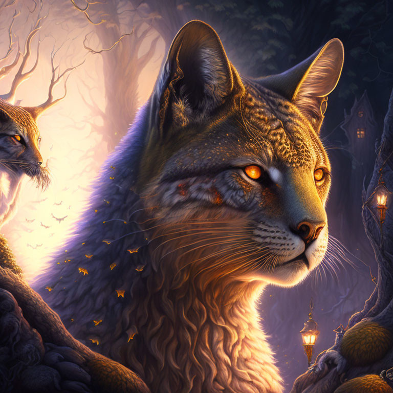 Majestic large feline with orange eyes in mystical forest scene