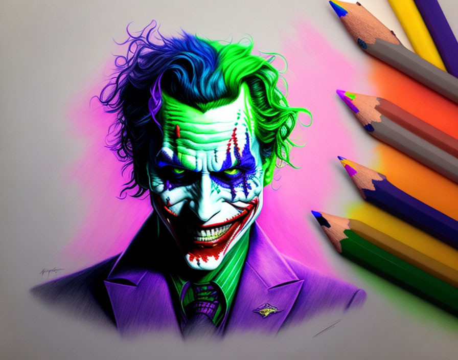 Vibrant Joker illustration with colorful hair and makeup on light background