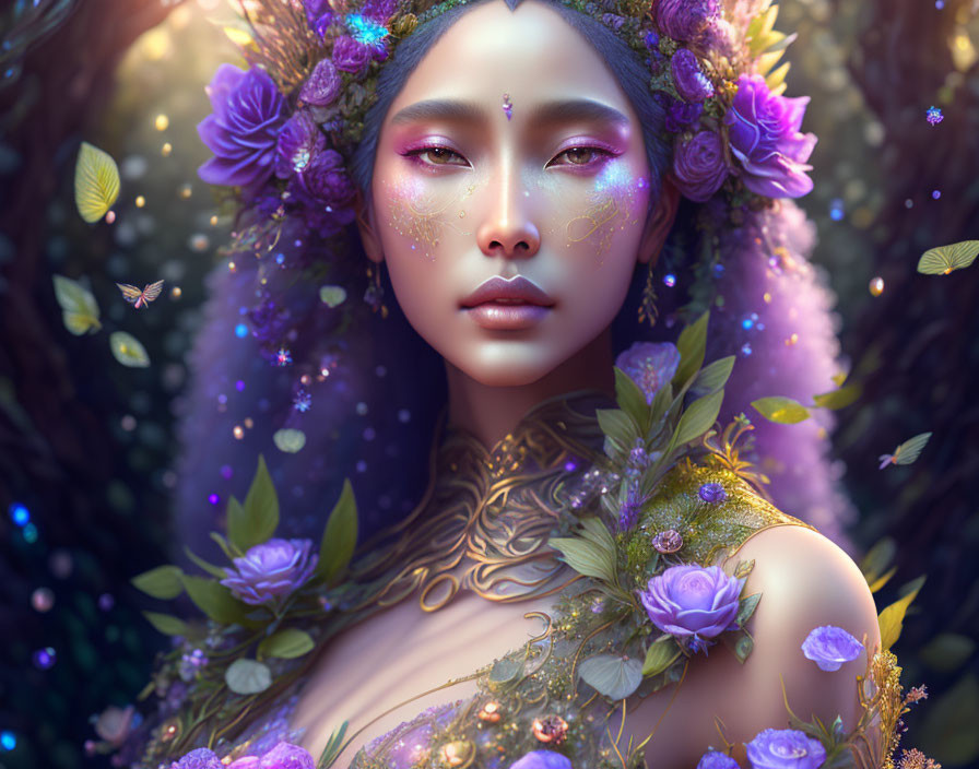 Ethereal woman with purple flowers and butterflies in mystical forest