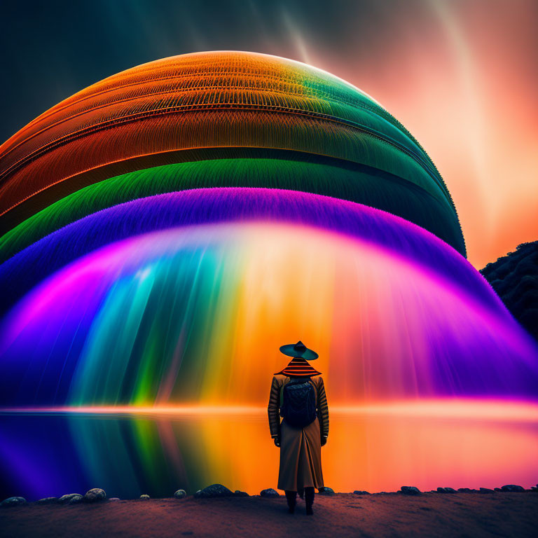 Person in Hat Standing Before Vibrant Colorful Light Display and Dramatic Sky