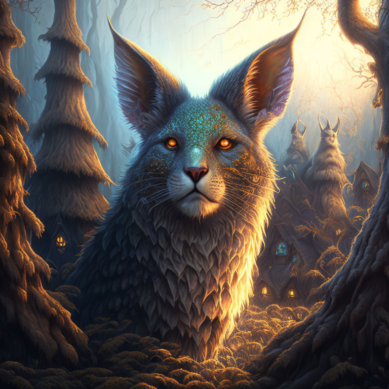 Enchanted forest scene with mystical fox-like creature