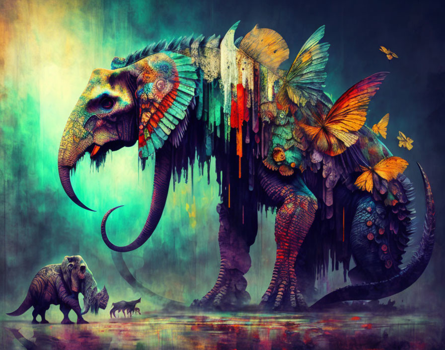 Colorful Elephant Artwork with Butterflies, Small Elephant, and Mouse