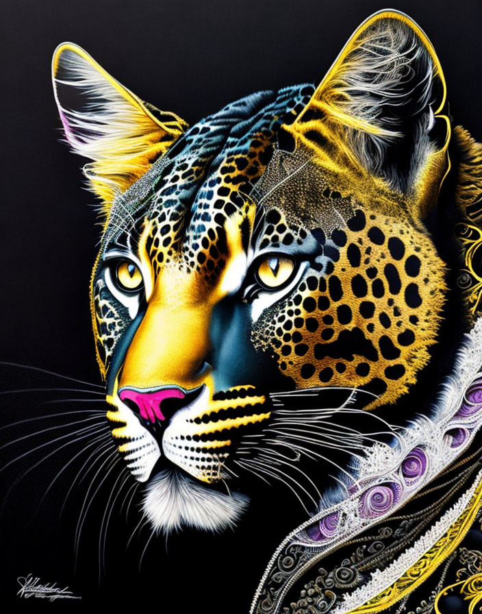 Vibrant leopard head illustration with intricate patterns on black.