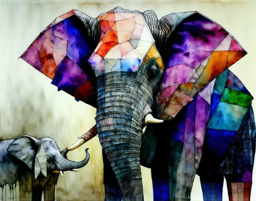 Vibrant abstract painting featuring elephants and geometric patterns