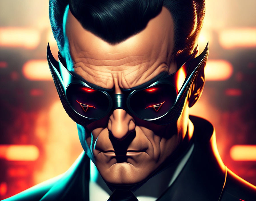 Male character with slick hairstyle, red-lens glasses, blue suit on red background