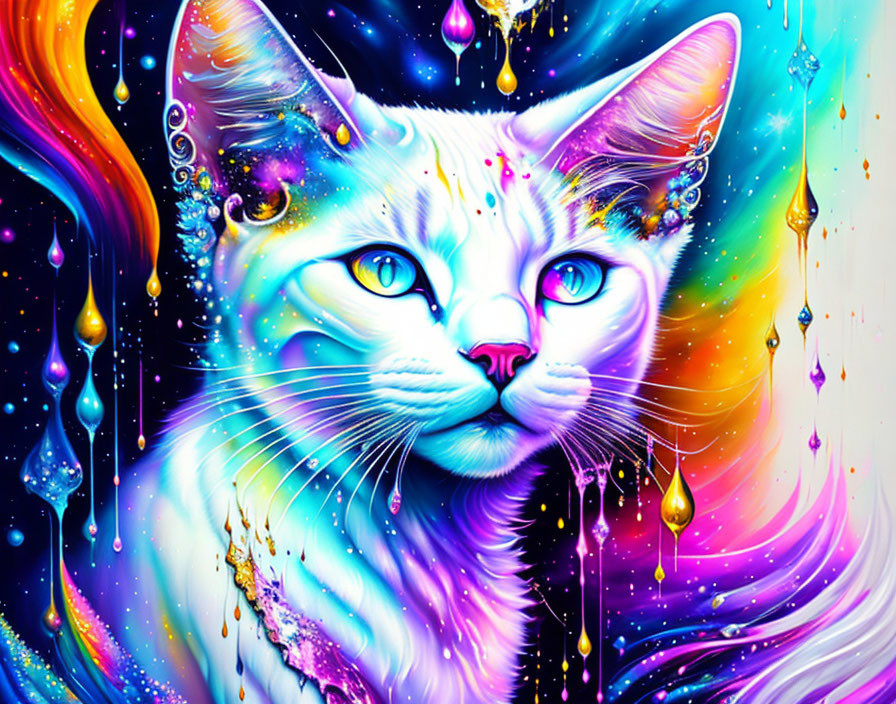 Colorful Psychedelic Cat Illustration with Blue Eyes and Cosmic Background