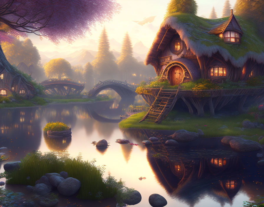 Thatched roof cottage by serene lake at twilight with stone bridge, vibrant flora, and radiant glow.