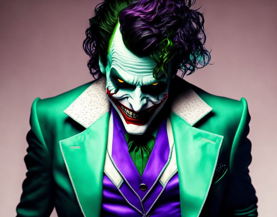 Character in Joker makeup with green hair, white face paint, broad grin, and colorful suit