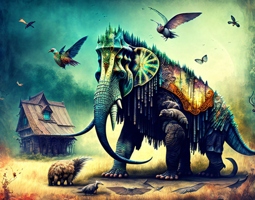 Mystical landscape with elephant-like dragon creature and flying animals