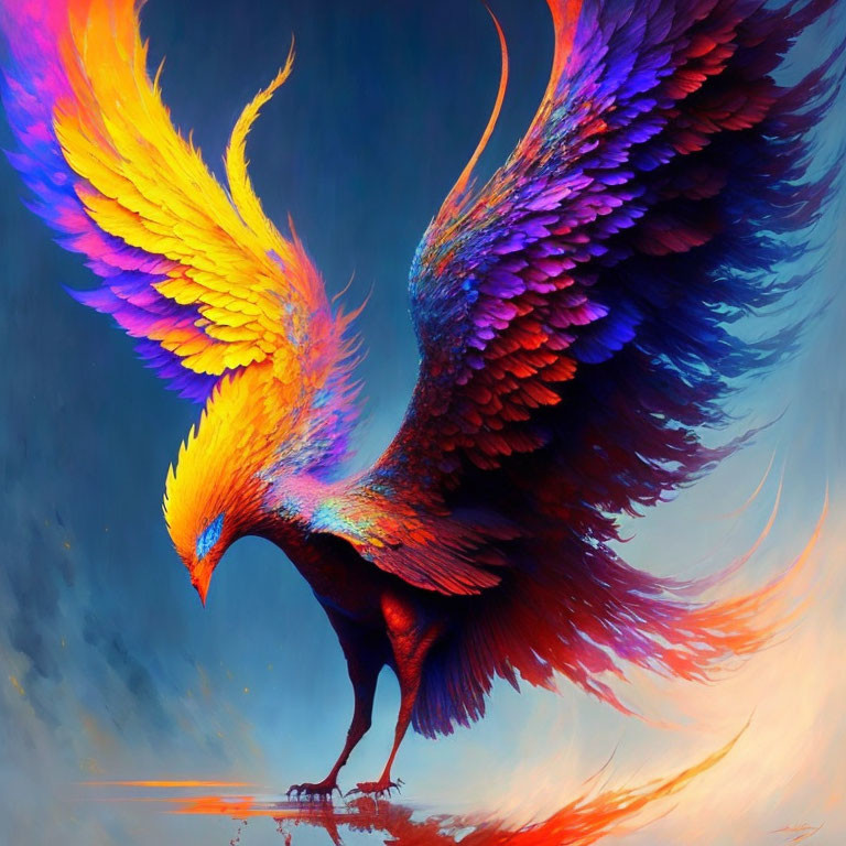 Colorful Phoenix Illustration with Orange Body and Multicolored Wings