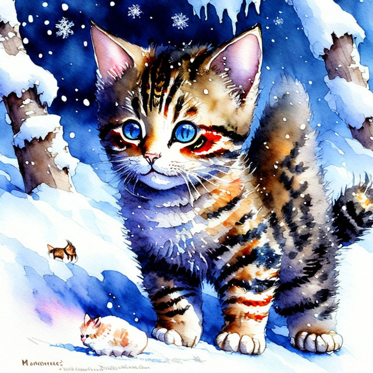 Colorful Watercolor Painting of Kitten in Snow Watching Butterfly