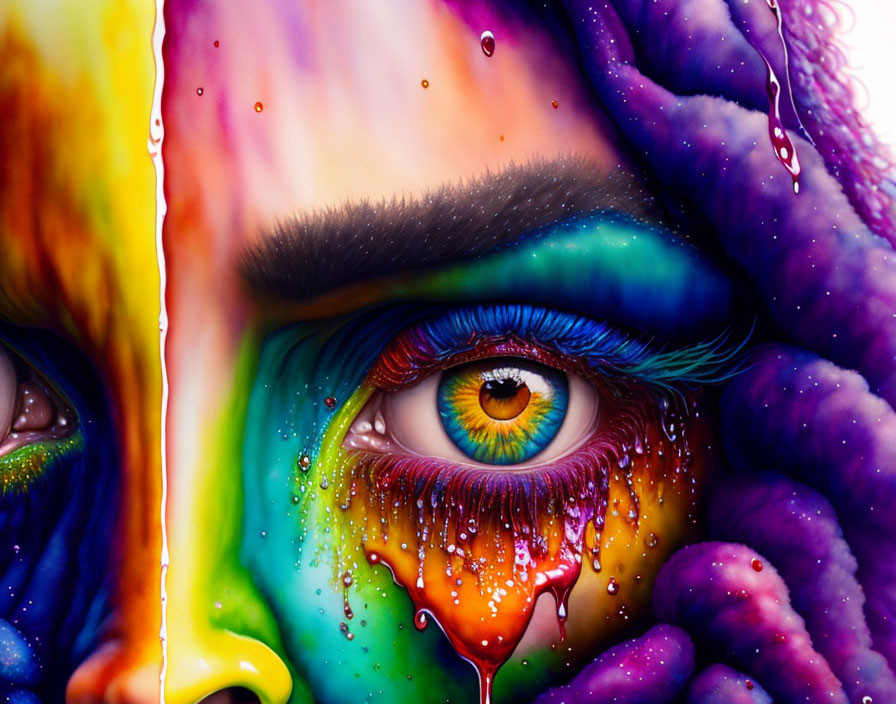 Colorful eye painting with cosmic palette and dripping paint for surreal effect