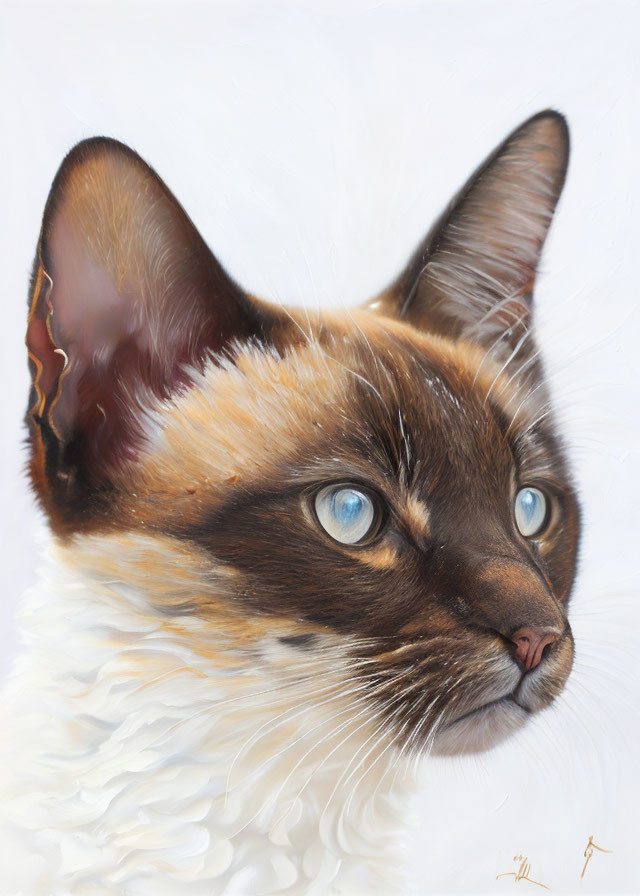 Realistic Siamese Cat Painting with Blue Eyes & Creamy Fur Coat