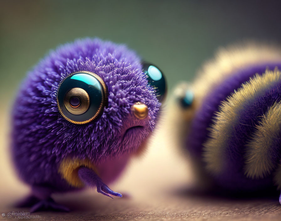 Fluffy, round creatures with large eyes in purple and yellow hues