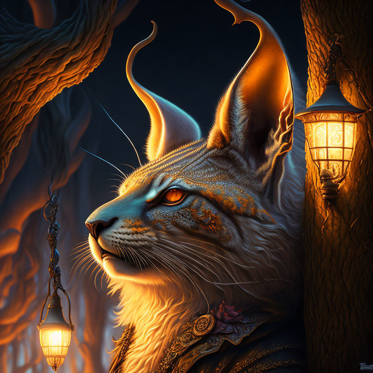 Majestic fantasy creature with glowing orange eyes in dark forest