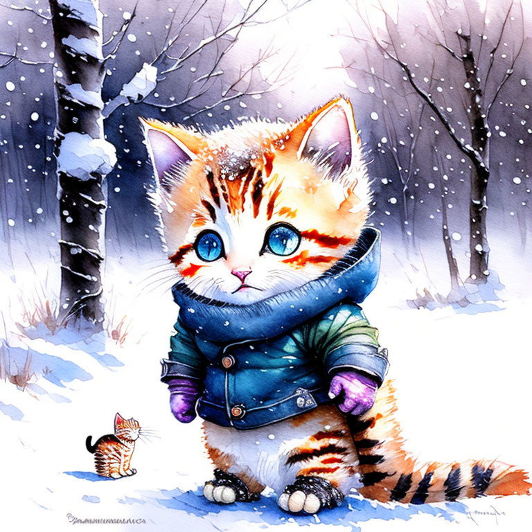 Orange and White Kitten with Blue Eyes in Snowy Landscape Observing Mouse