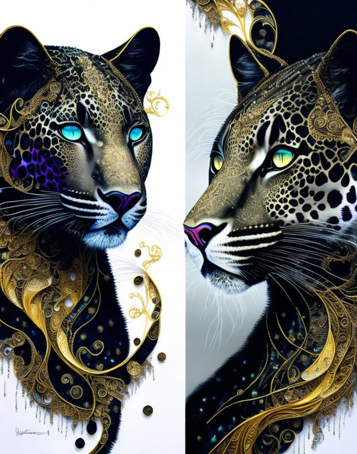 Stylized leopards with gold patterns on dark background