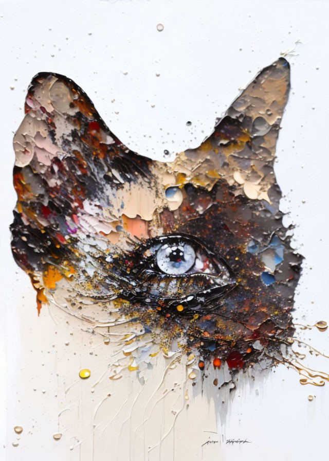 Colorful Abstract Painting of Cat's Face with Detailed Eye