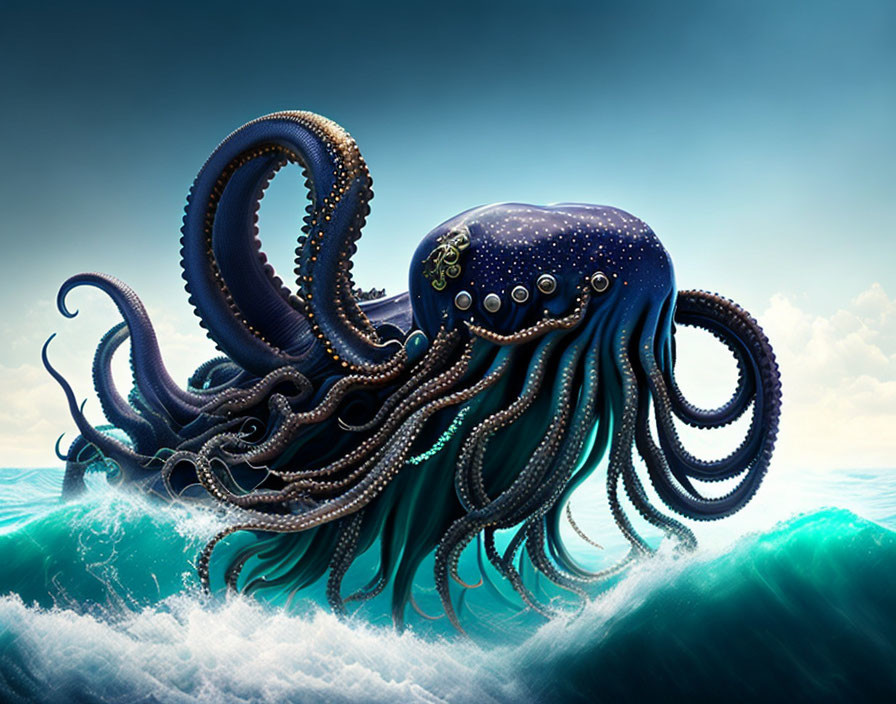 Majestic blue octopus emerging from ocean waves