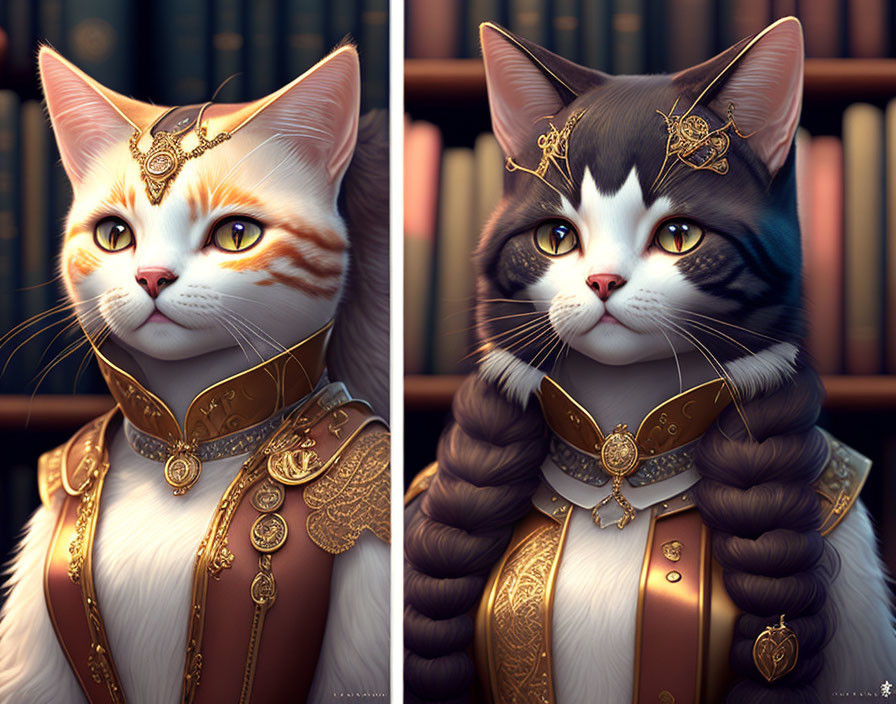 Regal cats with gold jewelry and braided hair in library setting