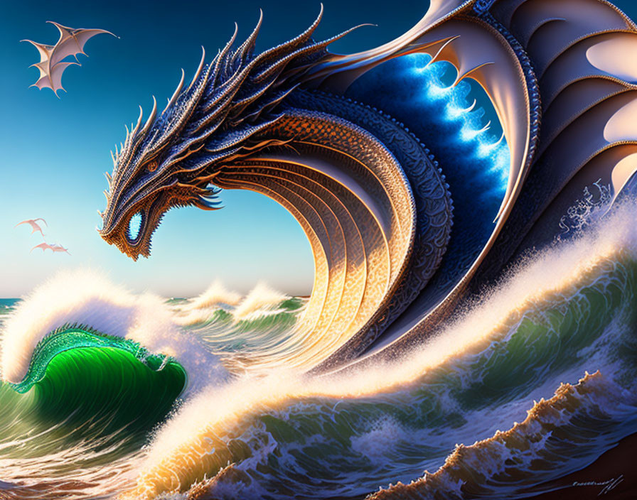 Intricate scales sea dragon emerging from ocean waves