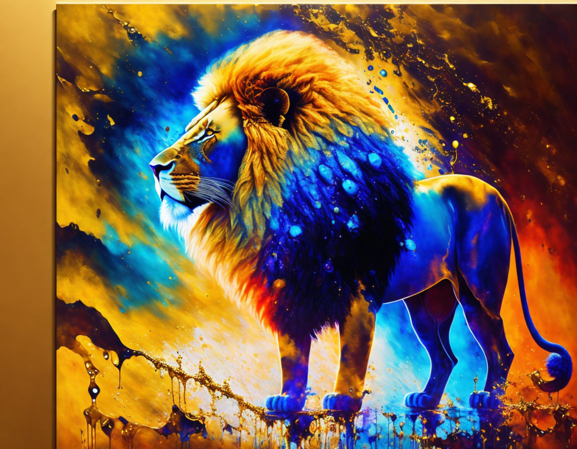 Colorful Lion Profile Painting with Fiery Orange and Cool Blue Palette