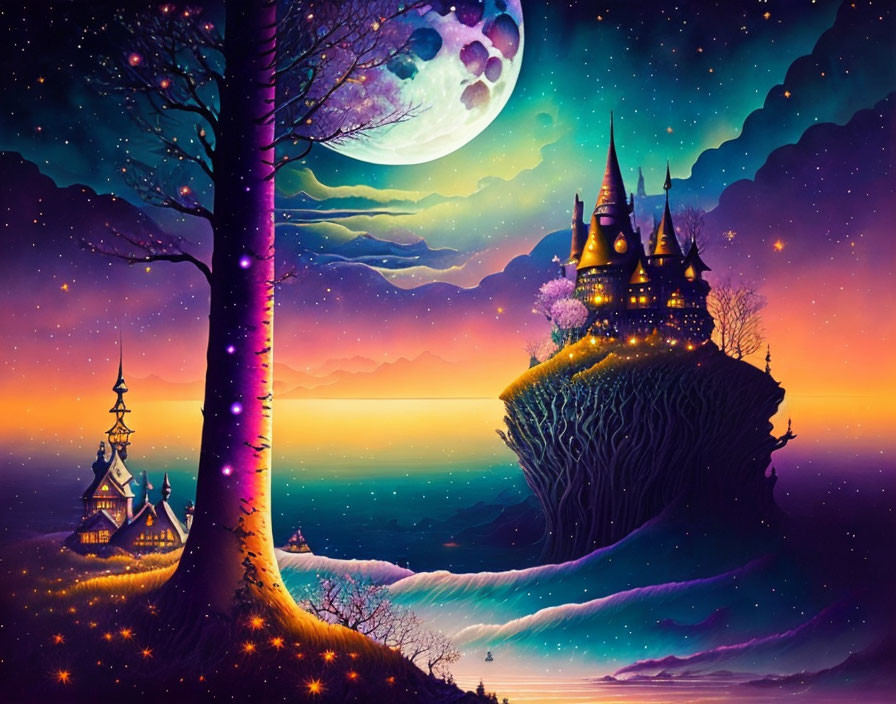 Fantasy landscape with tree, floating island, castles, starry sky, moon