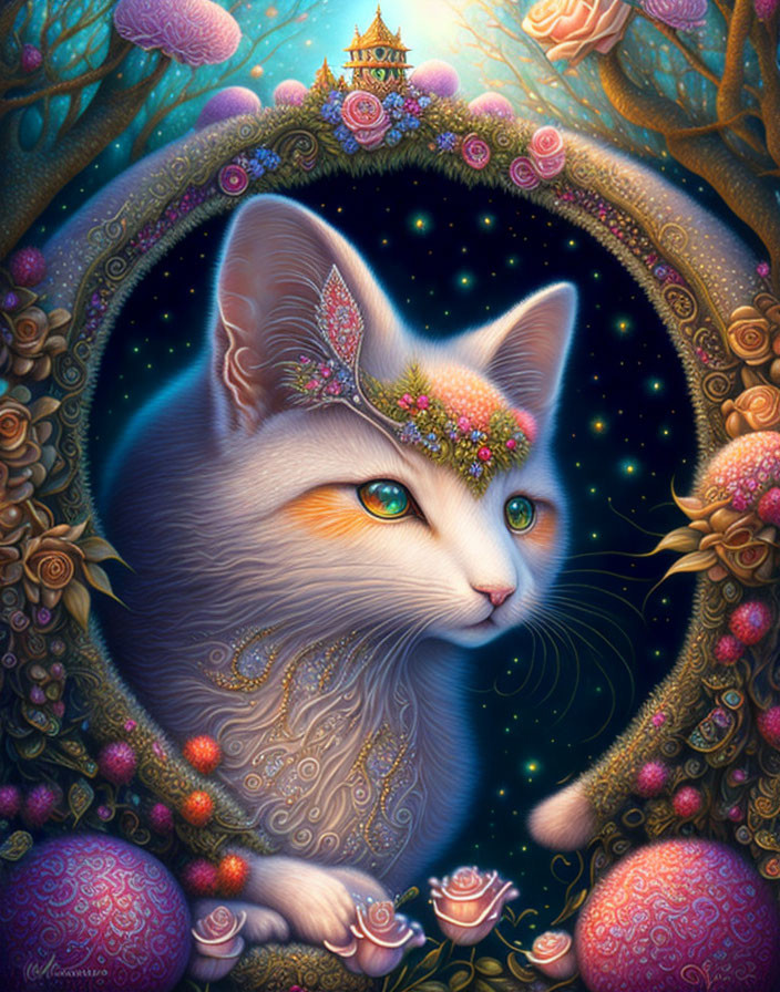 Surreal cat with floral crown in ornate frame against starry backdrop