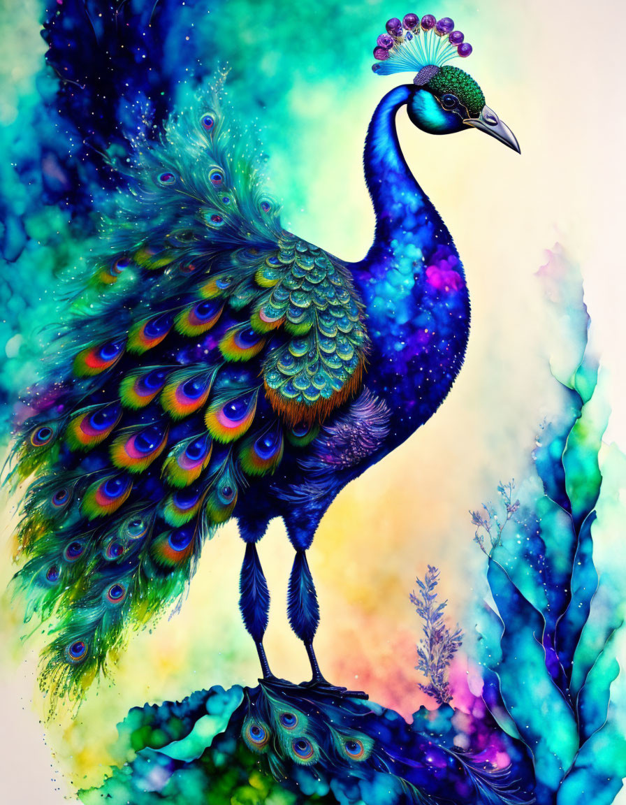 Colorful Peacock Illustration with Detailed Feathers