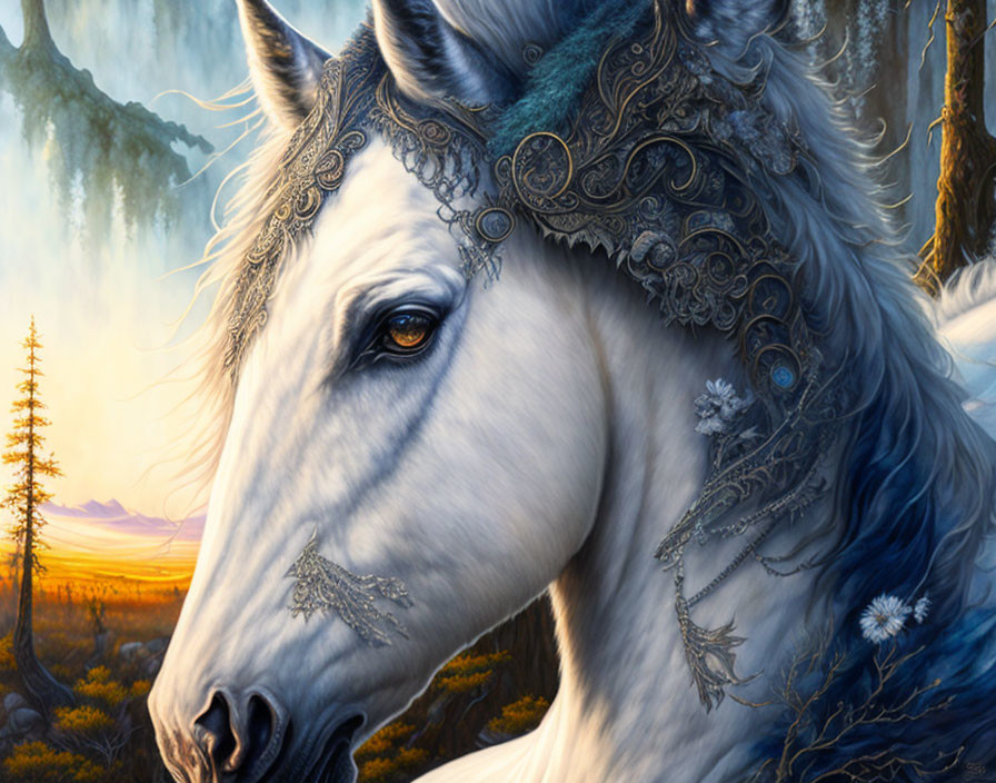 White horse with silver bridle in forest and waterfall scenery