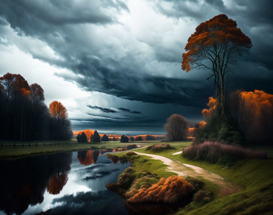 Autumn river landscape with dark cloudy sky and vibrant orange trees