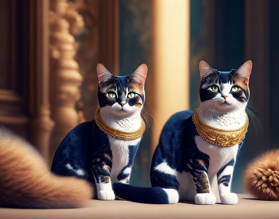 Majestic cats with striking markings in ornate golden collars in luxurious classical room