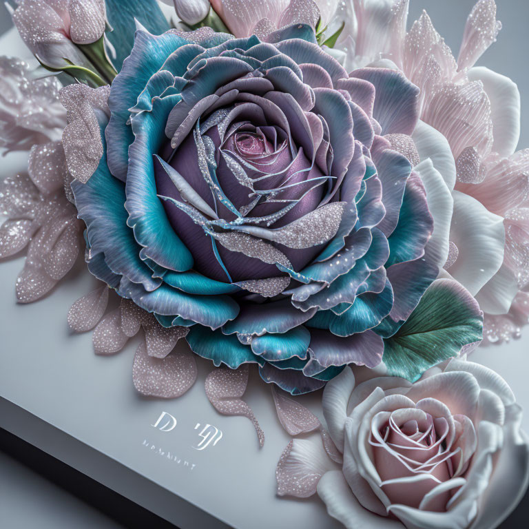 Stylized blue and purple rose with dew drops and pink petals on light background with "D 