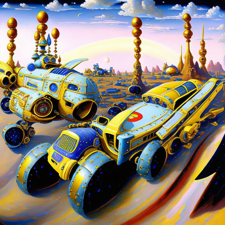 Colorful futuristic art: space vehicles, robot, alien landscape, exaggerated rock formations, blue sky.