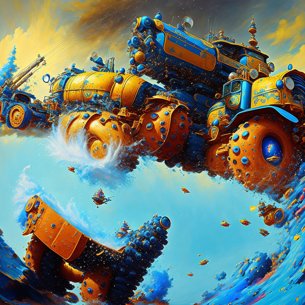 Colorful surreal artwork: massive machine in fantastical landscape