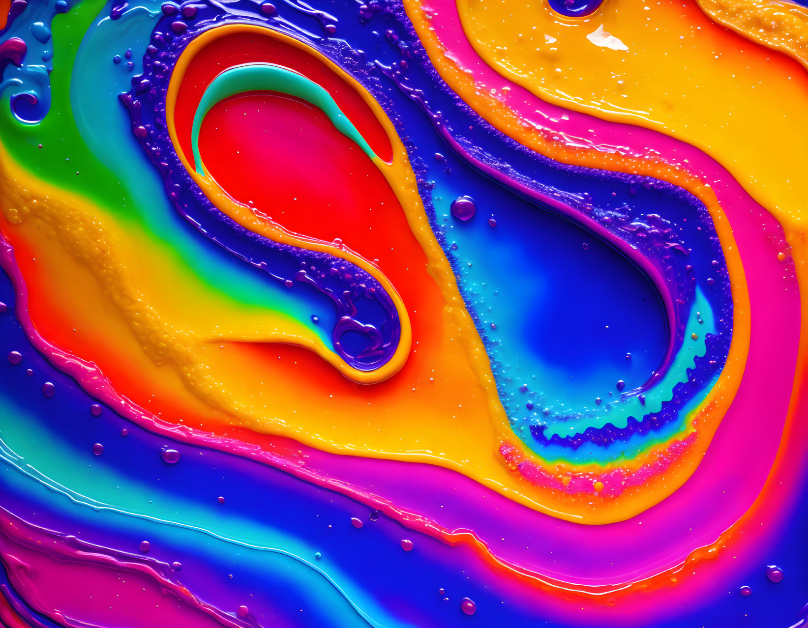 Colorful Rainbow Swirls with Glossy Finish and Water Droplets Texture