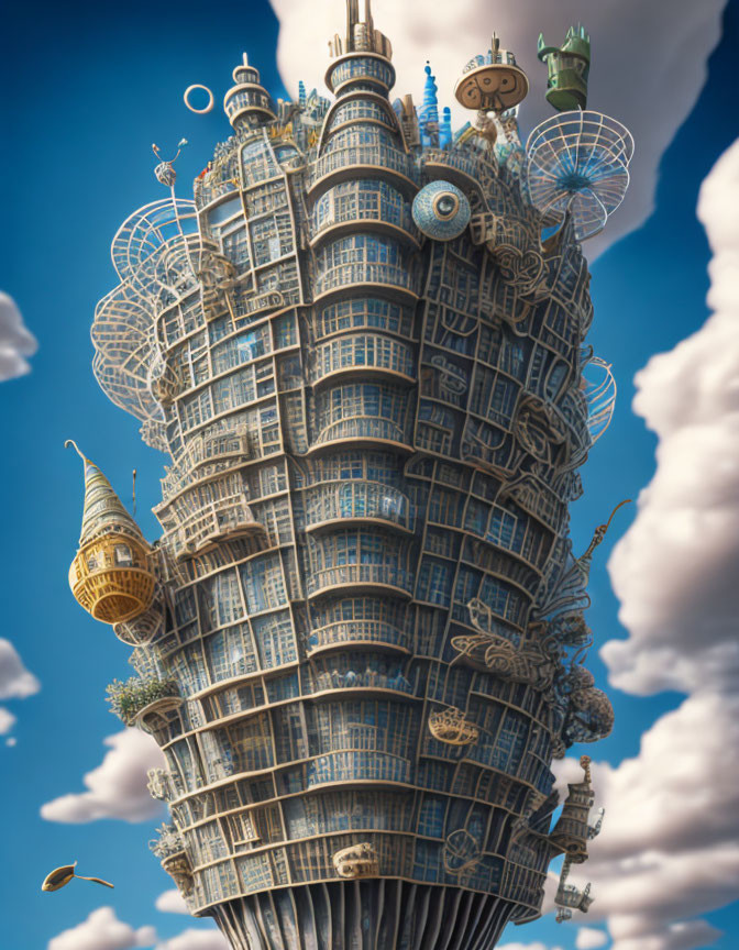 Whimsical skyscraper blending steampunk and fantasy elements