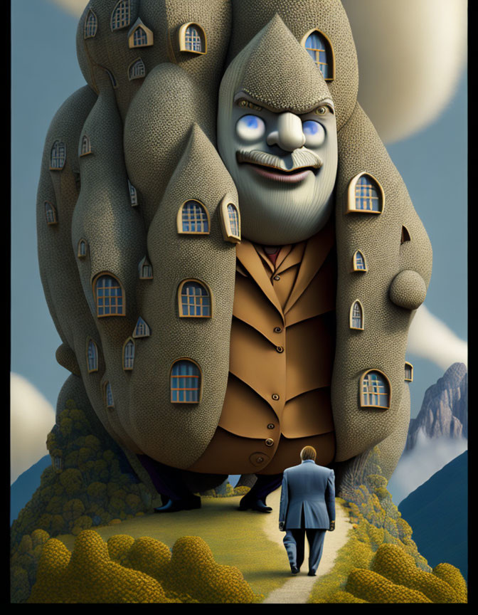 Giant figure with house-like body in surreal landscape