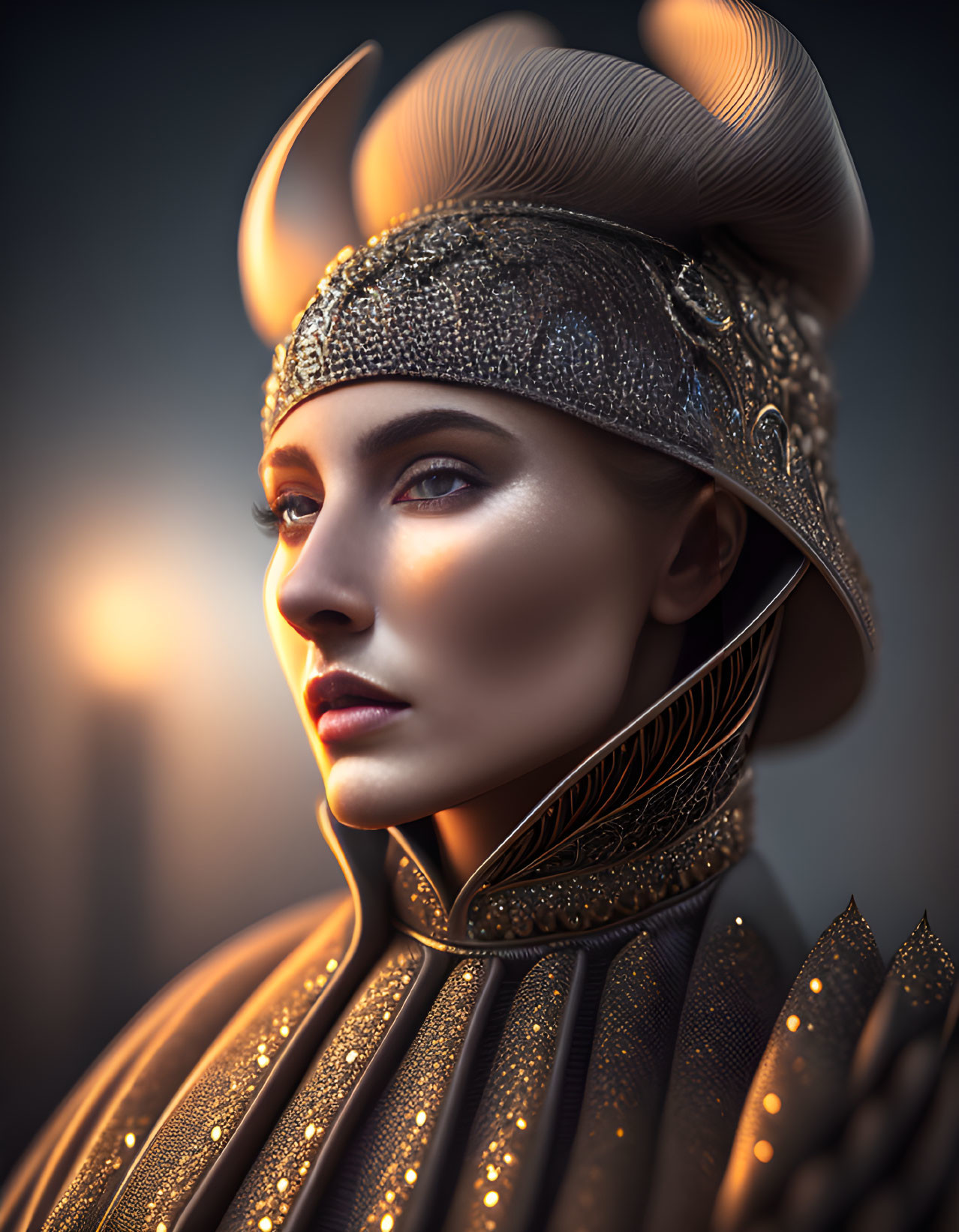 Stylized digital portrait of person in metallic armor and horned helmet