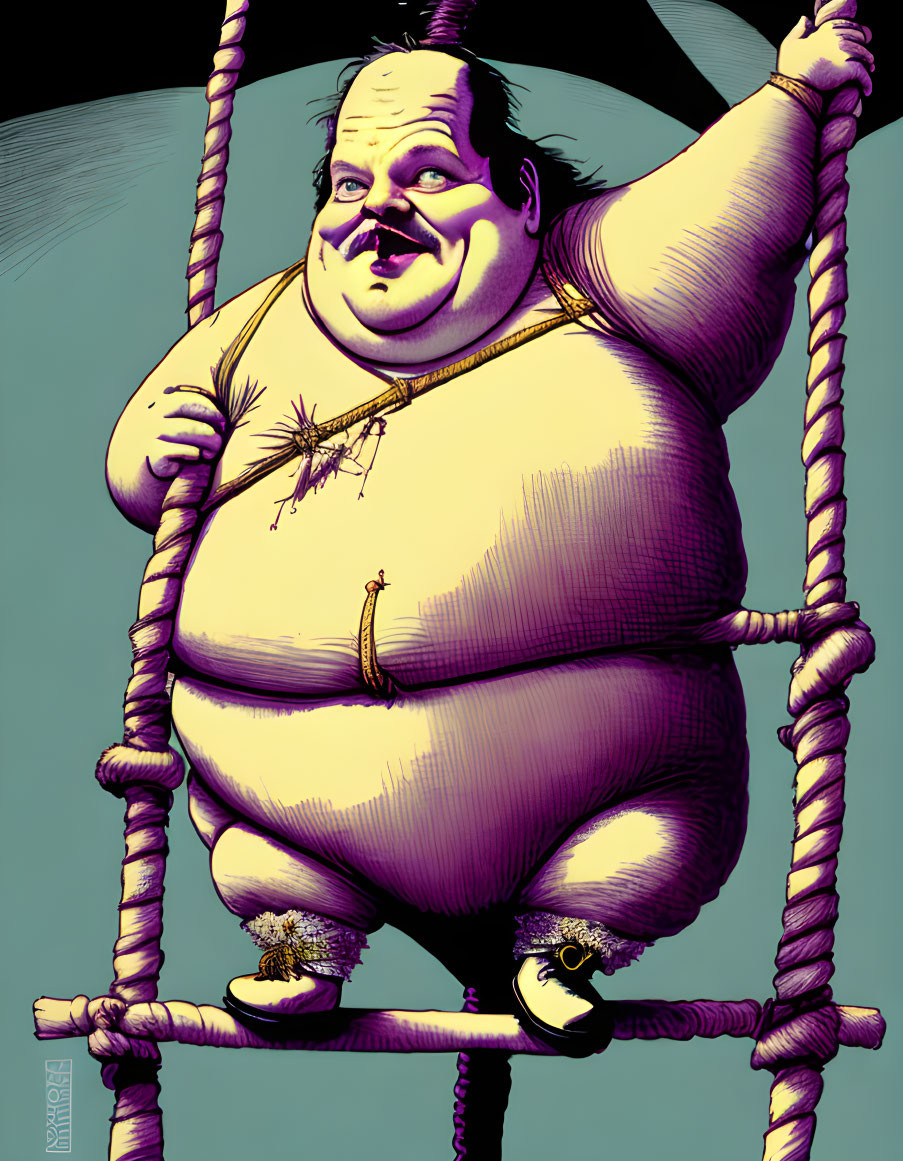 Plump character in tight clothing hanging from ropes on blue background