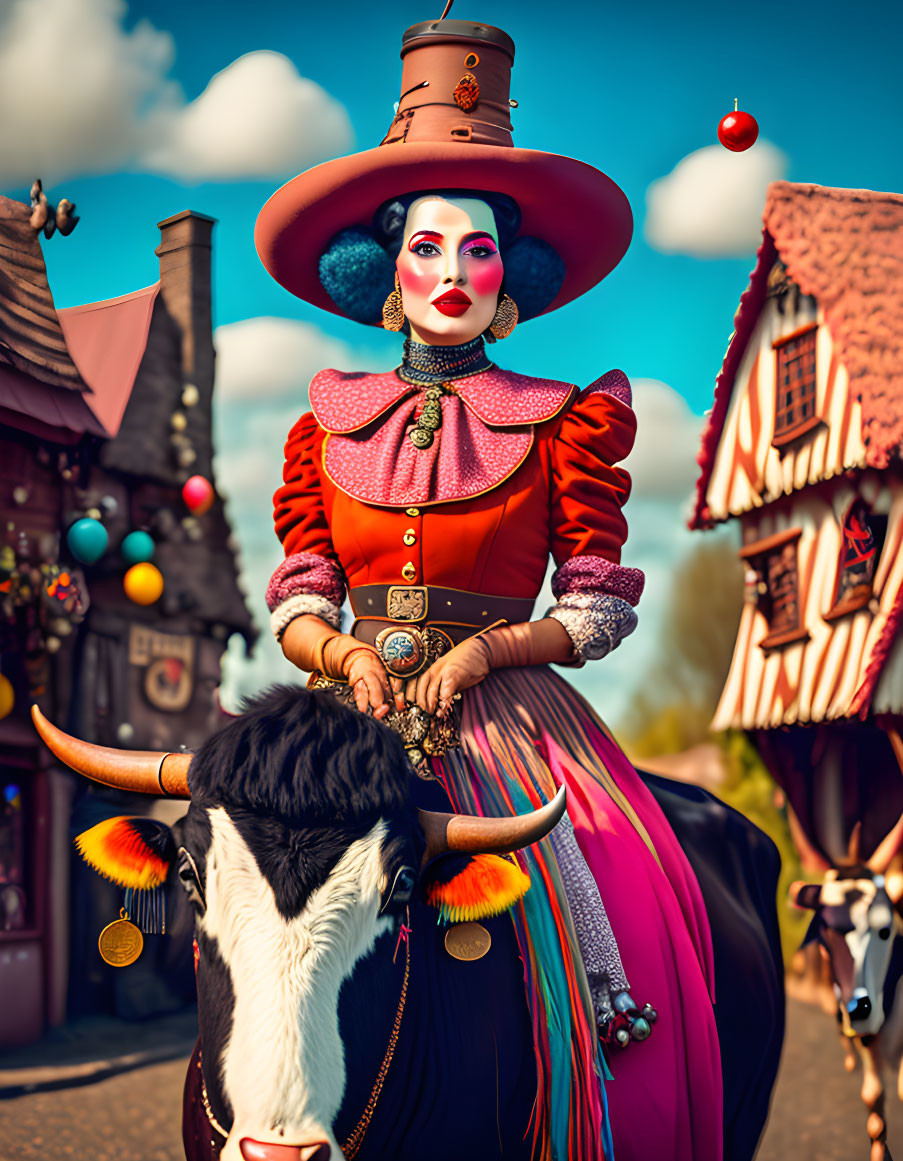 Colorful Woman in Theatrical Attire Leads Decorated Cow Through Whimsical Village