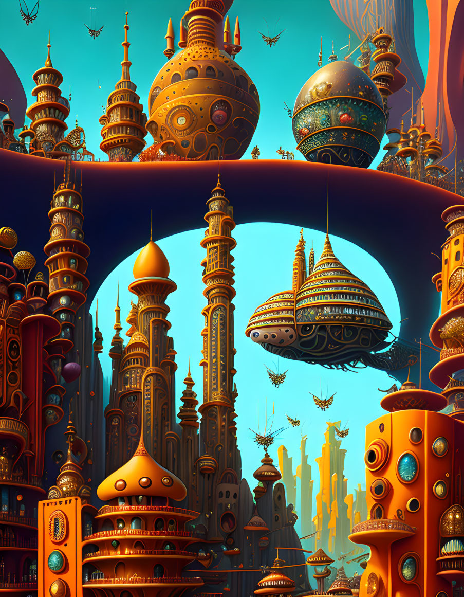 Fantastical cityscape with whimsical architecture and flying vessels