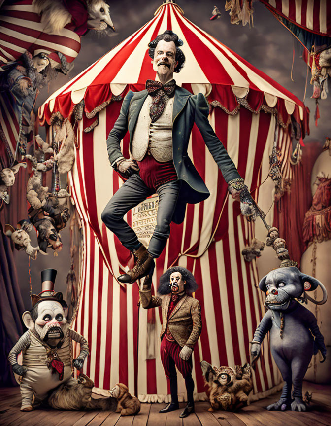 Vintage circus scene with ringmaster, marionette clown, skeleton performer, bulldog, and odd