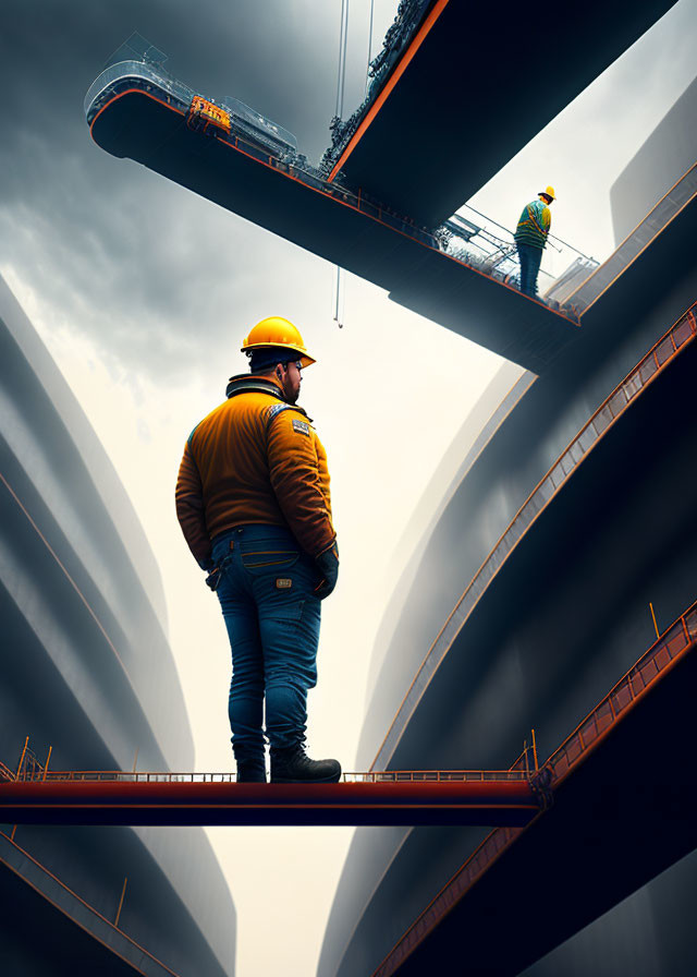 Industrial site with construction workers and large pipes