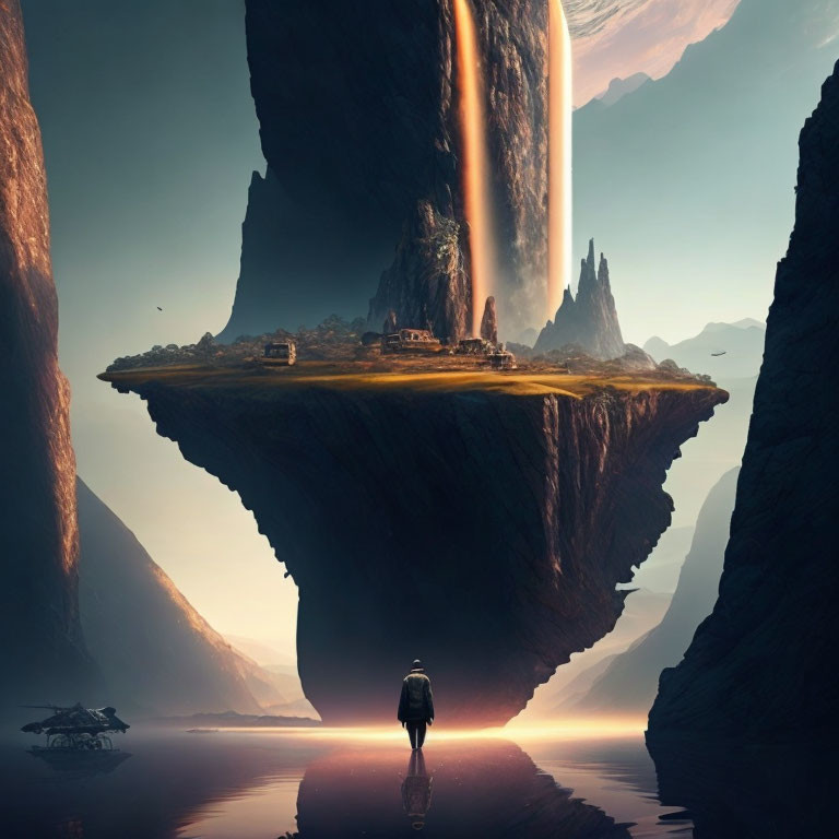 Person gazes at floating landmass with waterfalls and futuristic structures in surreal canyon