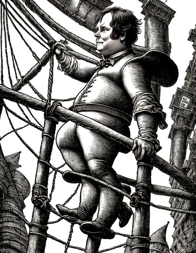 Portly man in period clothing climbs ship rigging amid elaborate buildings